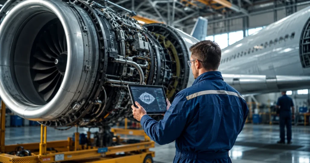 Aviation maintenance engineer using AI-powered health monitoring system to predict aircraft engine failures before they occur