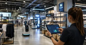 AI-powered smart retail store in Dubai with automation robots and real-time ecommerce analytics dashboard helping retailers compete with global ecommerce giants