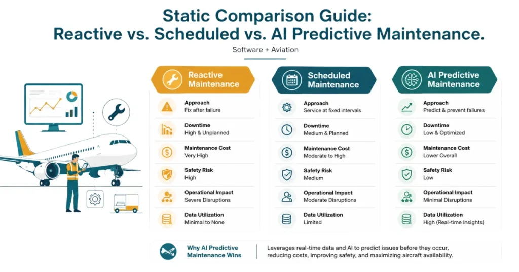 Infographic comparing reactive maintenance fix-after-failure approach with high costs and downtime, scheduled maintenance fixed-interval approach with medium costs, and AI predictive maintenance real-time data-driven approach with low costs and minimal downtime for aviation aircraft systems