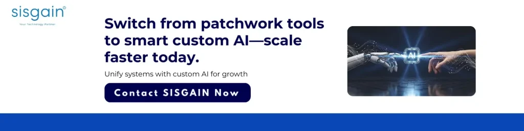 SISGAIN's custom AI software banner illustrates the shift from patchwork tools to scalable custom AI systems that accelerate business performance.